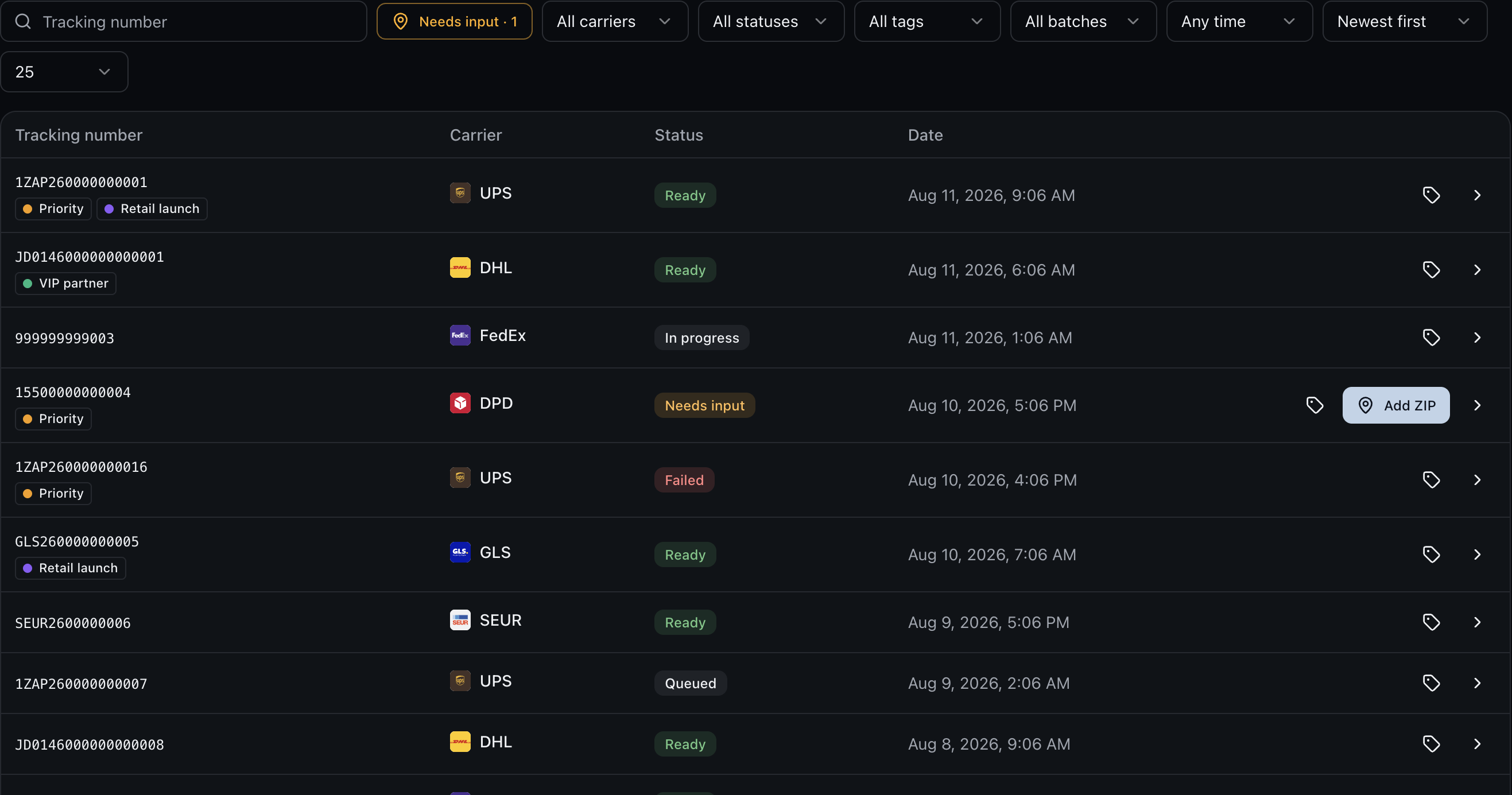 Proof request queue with ready, processing, needs-input, failed, and queued results